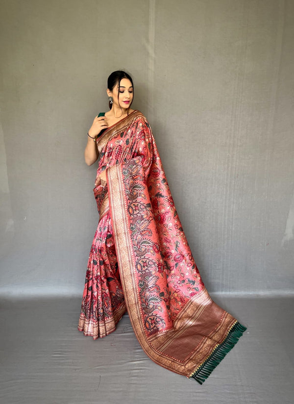 Exquisite Soft Silk Kalamkari Printed Saree | Ready-to-Wear Artistry | Cultural Elegance | Festive Occasions