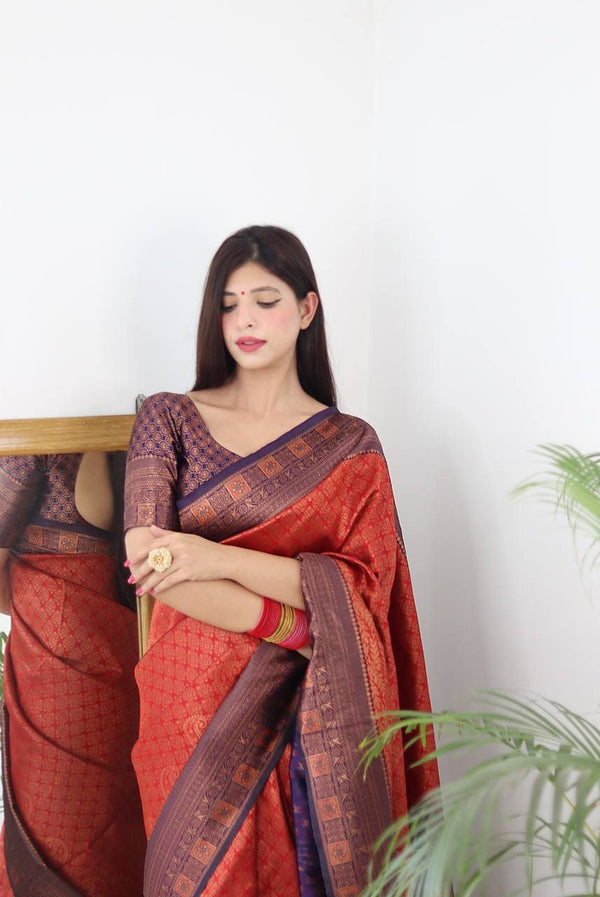 Ready-to-Wear Red Soft Lichi Silk Banarasi Saree | Effortless Elegance | Traditional Opulence