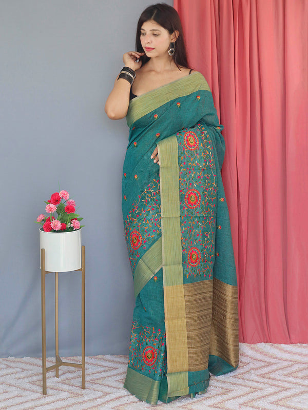 Ready-to-Wear Pure Linen Embroidered Banarasi Saree | Effortless Elegance | Traditional Opulence