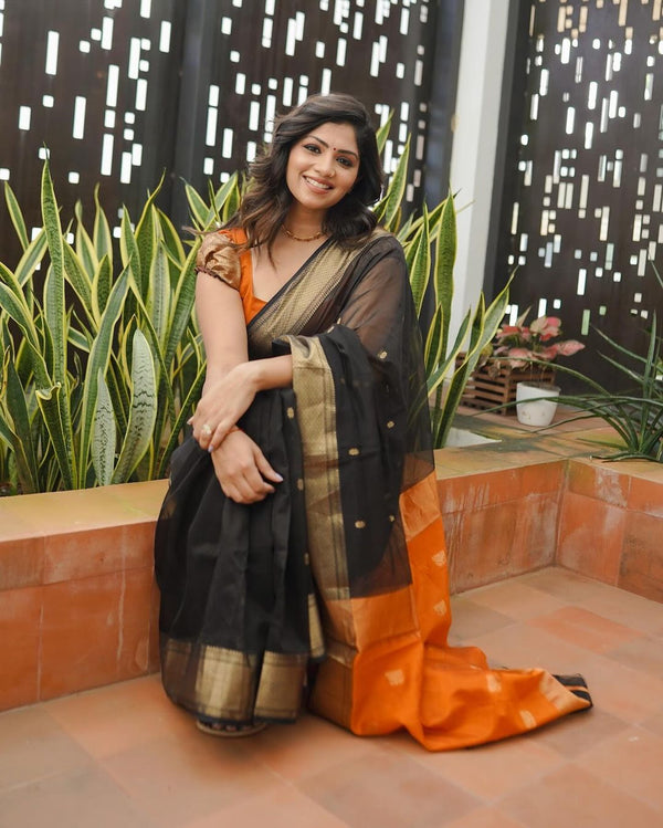 Ready-to-Wear Black Soft Cotton Linen Slab Banarasi Saree | Effortless Elegance | Traditional Opulence