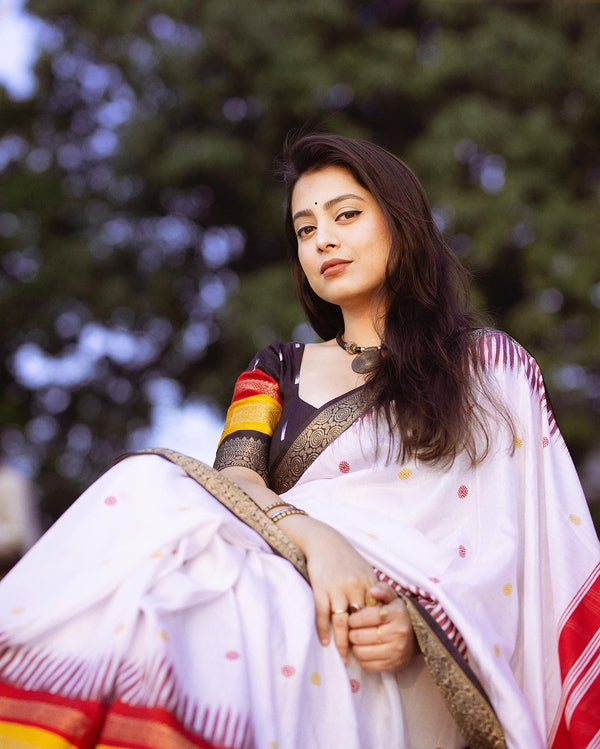 Ready-to-Wear White Soft Cotton Banarasi Paithani Saree | Effortless Elegance | Traditional Opulence