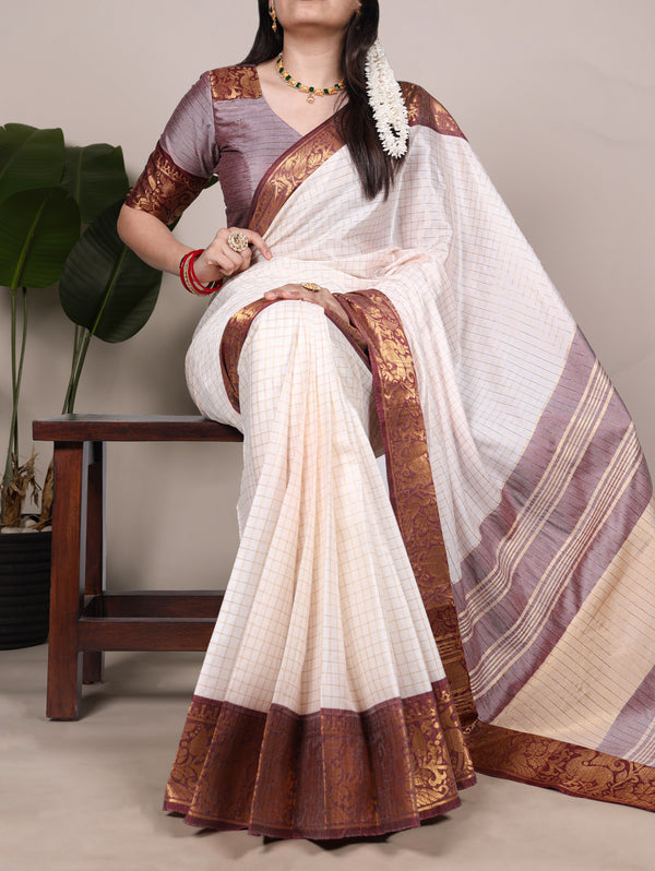 Elegant Poly Cotton Onam Paithani | Chex with Zari Weaving Work | Banarasi Festival Ready to Wear