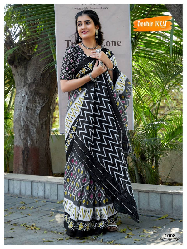 Classic Soft MulMul Cotton Double Ikkat Jaipur Block Printed Saree | Traditional Elegance | Artisanal Craftsmanship