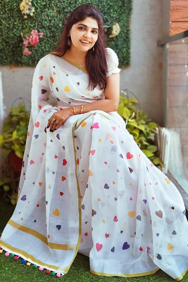 Ready-to-Wear White Linen Saree with Floral Printed | Effortless Elegance | Casual Chic