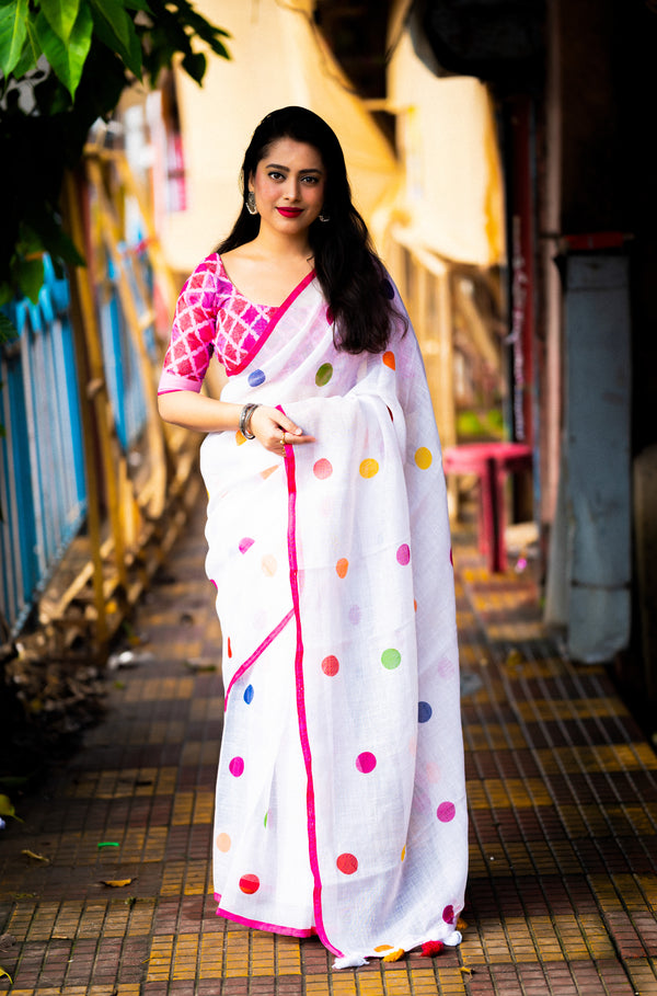 Ready-to-Wear White Soft Linen Printed Saree | Effortless Elegance | Casual Chic