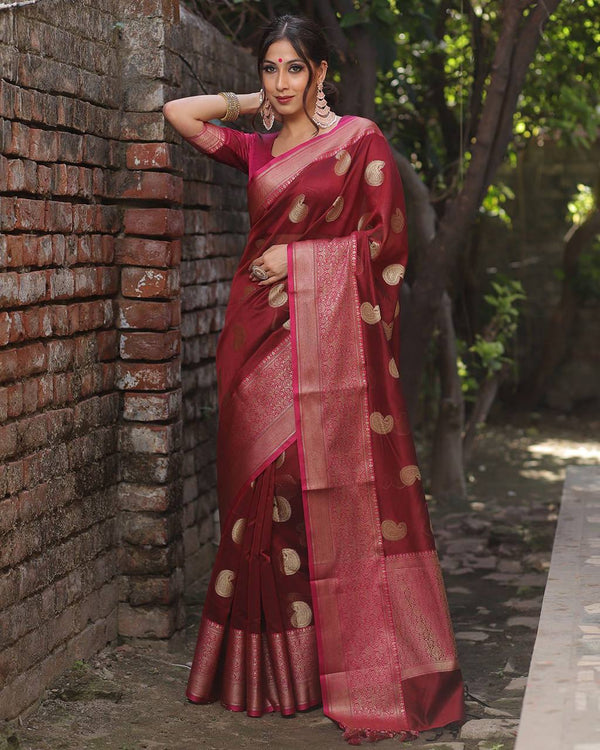 Ready-to-Wear Maroon Soft Lichi Silk Banarasi Saree | Effortless Elegance | Traditional Charm