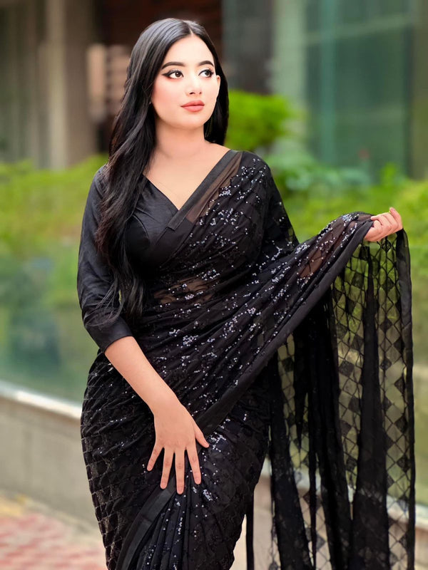 Stunning Black Georgette sequin Saree | Sparkling Elegance | Evening Glamour