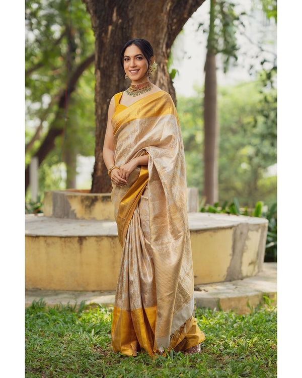 Ready-to-Wear Soft Yellow Lichi Silk Banarasi Saree | Effortless Elegance | Traditional Opulence