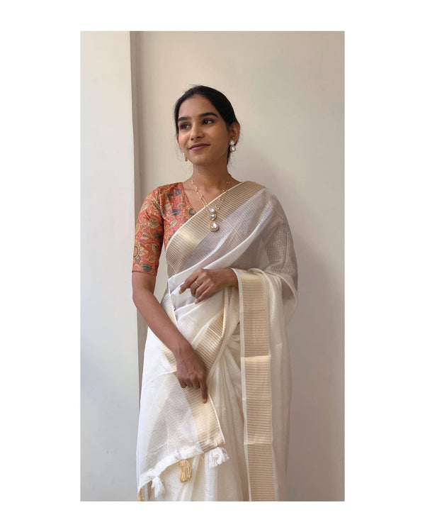 Ready-to-Wear White Kota Kalamkari Cotton Banarasi Saree | Effortless Elegance | Traditional Opulence