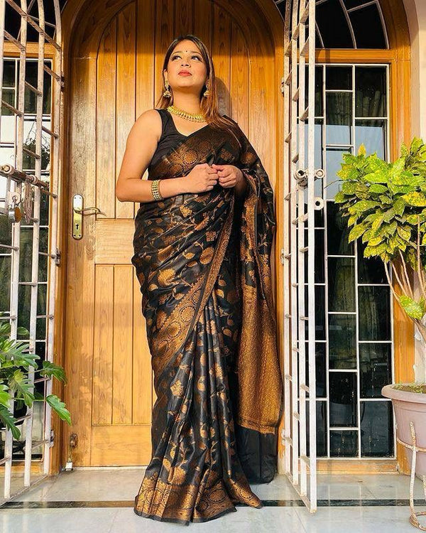 Elegant Black Color Saree |Floral Pattern |Soft Silk Banarasi For |Wedding | Ready to wear