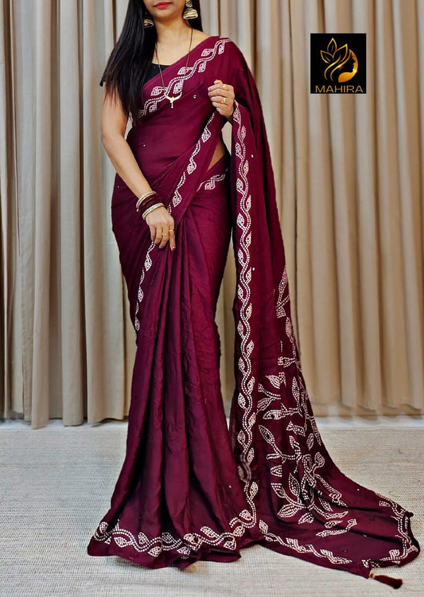 Ready-to-Wear Crush Crepe Silk Bandhani Foil Mirror Saree | Effortless Elegance | Traditional Charm