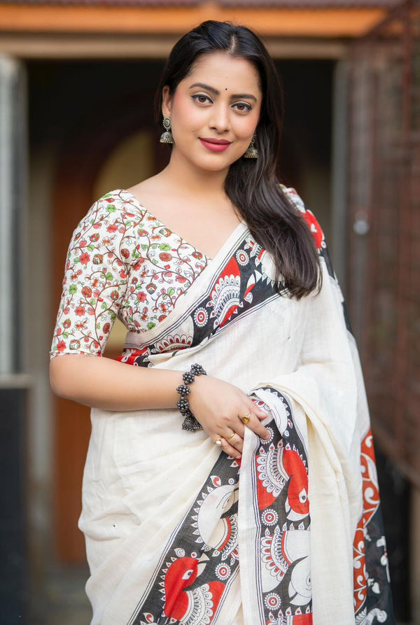Elegant Kalamkari Printed Saree | Soft Linen with Mirror Work | Festive Ready to Wear