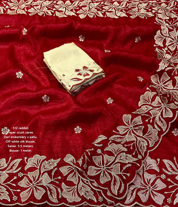 Graceful Red Saree | Embroidered Design | Soft Paper Crush | Teej Party Ready to Wear