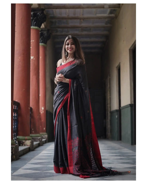 Ready-to-Wear Black Soft Cotton Linen Slab Banarasi Saree | Effortless Elegance | Traditional Opulence