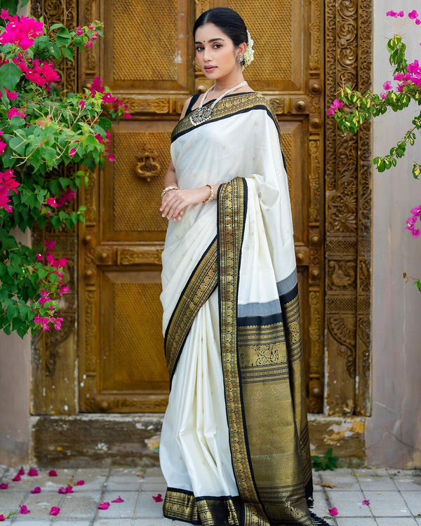 Ready-to-Wear Soft White Lichi Silk Banarasi Saree | Effortless Elegance | Traditional Opulence