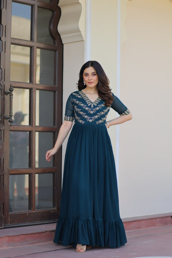 Faux Blooming With Sequins Multithreaded Beads Embroidered work Gown