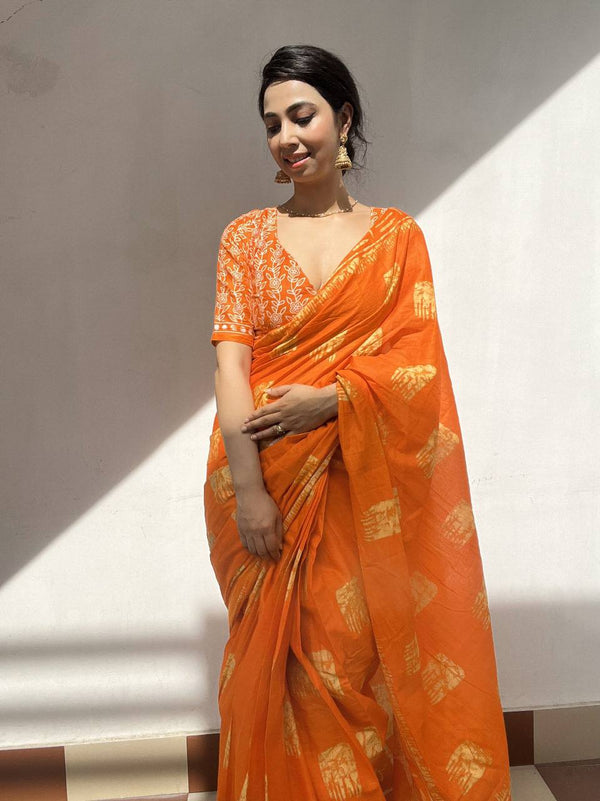 Ready-to-Wear Orange Soft Pure Cotton Saree with Floral Printed | Effortless Elegance | Casual Chic