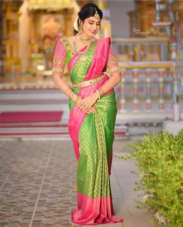 Elegant Green Soft Lichi Silk Saree | Luxurious Rich Pallu | Regal Sophistication | Special Events | Banarasi