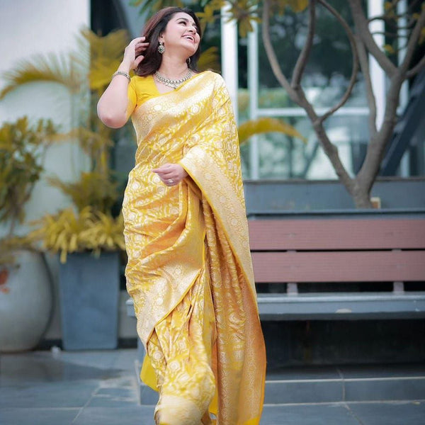 Radiant Yellow Banarasi Soft Silk Ready-to-Wear Saree | Effortless Elegance | Traditional Opulence