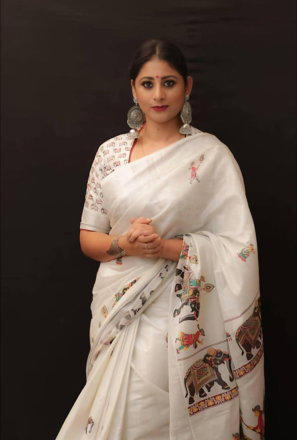 Elegant Soft Heavy Linen Saree | White Elephant Printed | Kerala Ready to Wear