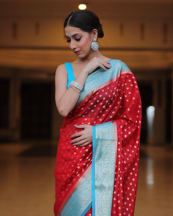 Ready-to-Wear Red Soft Lichi Silk Banarasi Saree for Wedding | Effortless Elegance | Bridal Opulence