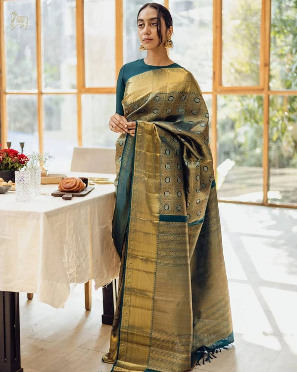 Ready-to-Wear Green Soft Lichi Silk Banarasi Saree | Effortless Elegance | Traditional Charm