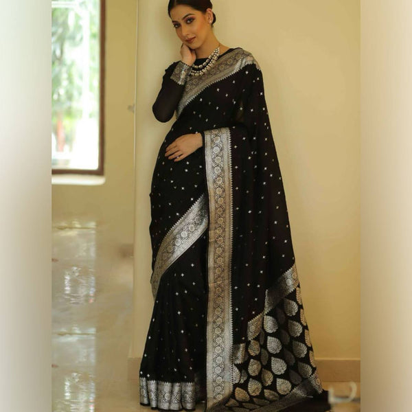 Stunning Black Soft Lilan Silk Banarasi Ready-to-Wear Saree | Effortless Sophistication | Traditional Elegance