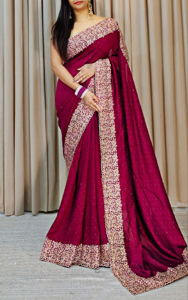 Ready-to-Wear Vichitra Silk Saree with Embroidered and Stone Work | Exquisite Detailing | Effortless Elegance