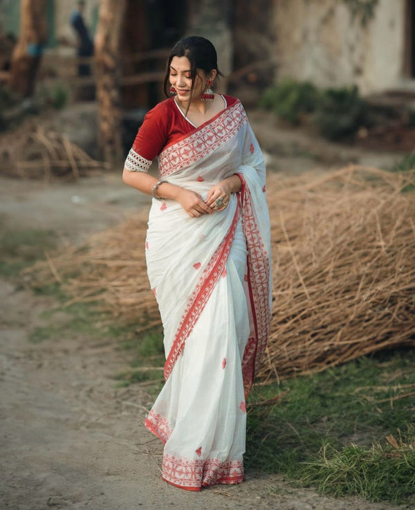 Ready-to-Wear White Soft Linen Cotton Saree for Durga Puja | Effortless Elegance | Traditional Charm