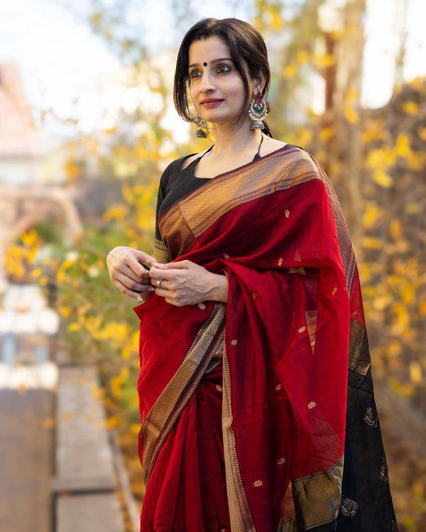 Ready-to-Wear Red Soft Linen Banarasi Saree | Effortless Elegance | Traditional Opulence