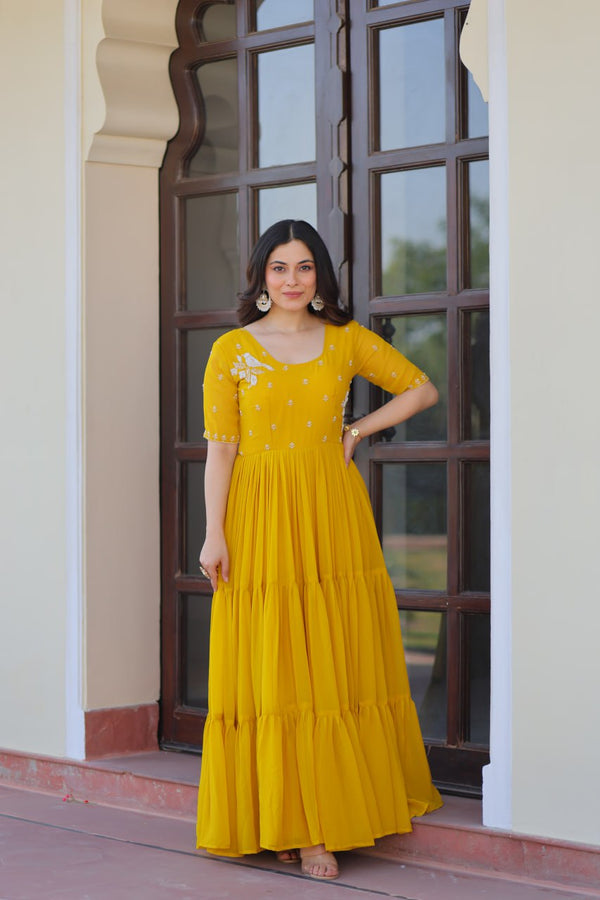 Gorgeous Gown | Faux Blooming Fabric with Beads Embroidery Work | Perfect for Party & Evening Wear